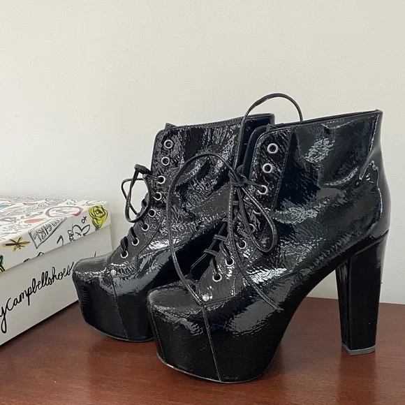 !RARE! Lita By Jeffrey Campbell - Shiny Black Lace Up Boots 9.5M - Picture 3 of 15